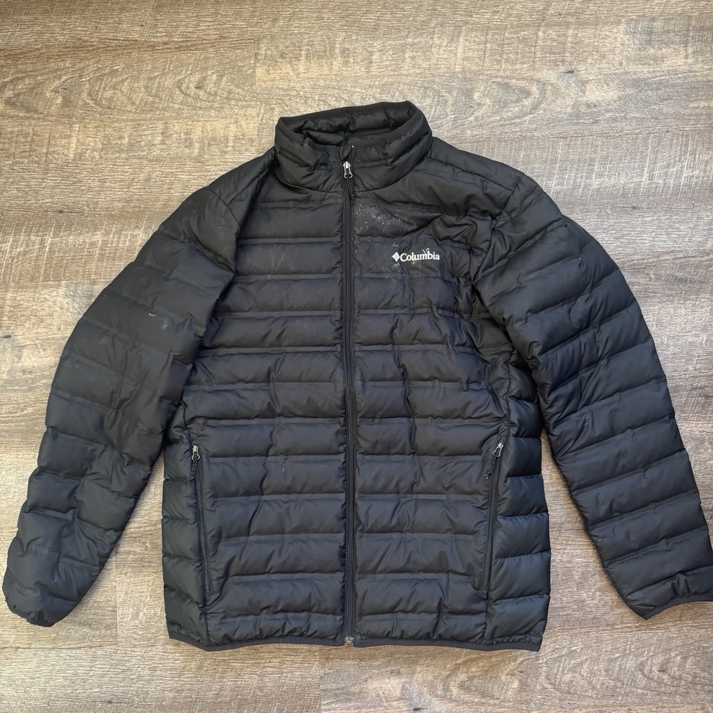 Columbia Puffer Jacket Mens Large Black Duck Down Lightweight Full Zip Insulated